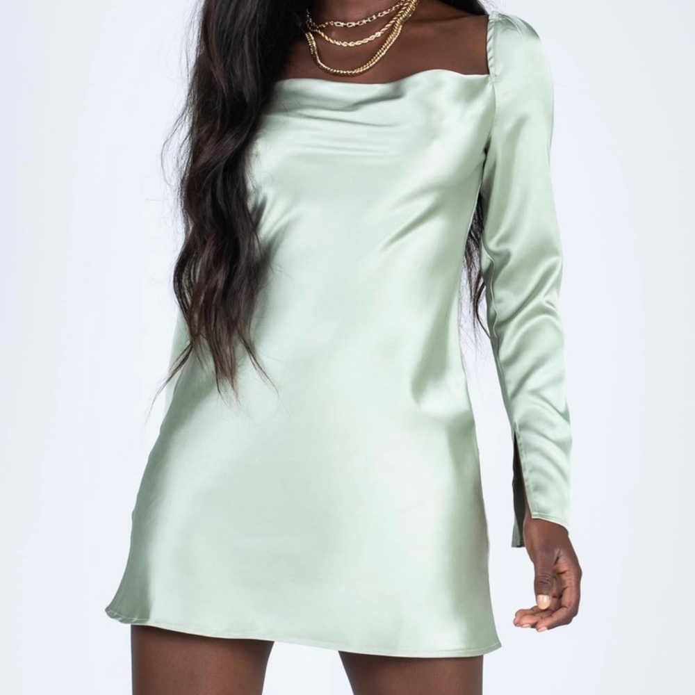 Sage Green Satin Long-Sleeve Shift Dress
